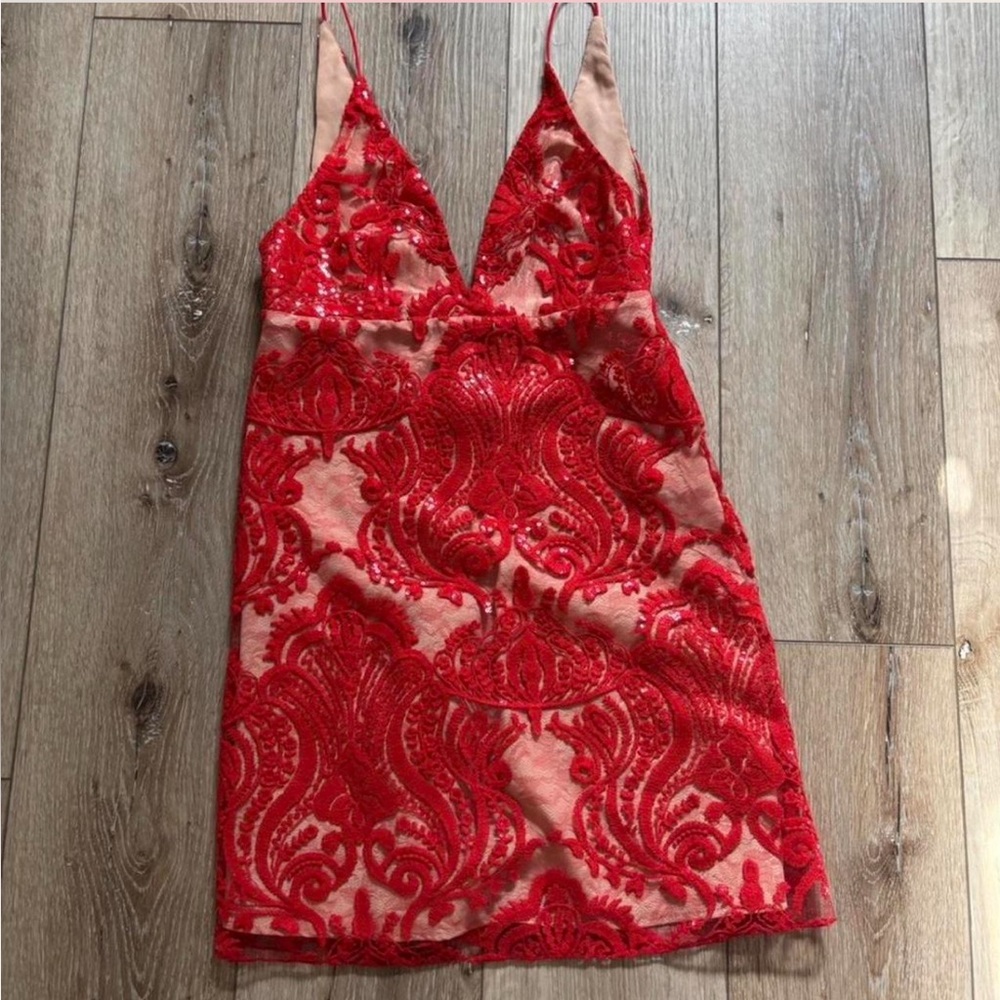 Free People Red Lace V-Neck Slip Mini Dress